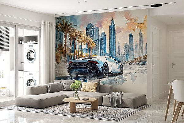 Pittura di un'auto sportiva bianca che guida su una strada con le palme Pittura di un'auto sportiva bianca che guida su una strada con le palme