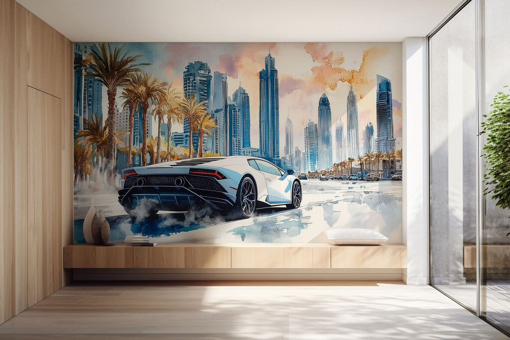 Pittura di un'auto sportiva bianca che guida su una strada con le palme w01963pig57r 1024x683 - Pittura di un'auto sportiva bianca che guida su una strada con le palme