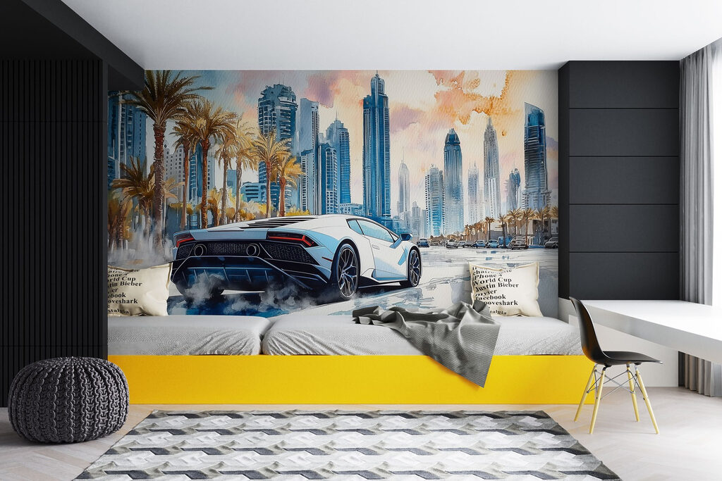 Pittura di un'auto sportiva bianca che guida su una strada con le palme w01963pir14r 1024x683 - Pittura di un'auto sportiva bianca che guida su una strada con le palme