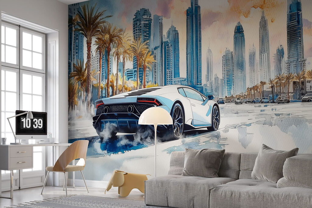 Pittura di un'auto sportiva bianca che guida su una strada con le palme w01963pir18r 1024x683 - Pittura di un'auto sportiva bianca che guida su una strada con le palme