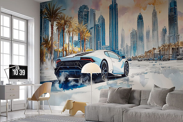 Pittura di un'auto sportiva bianca che guida su una strada con le palme Pittura di un'auto sportiva bianca che guida su una strada con le palme