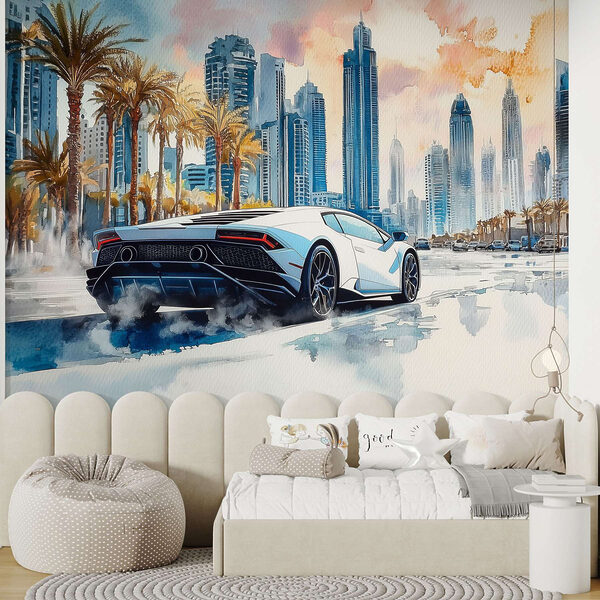 Pittura di un'auto sportiva bianca che guida su una strada con le palme Pittura di un'auto sportiva bianca che guida su una strada con le palme