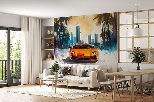 Auto sportiva arancione sulla neve Auto sportiva arancione sulla neve