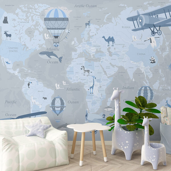 Mappa del mondo con diversi tipi di aeroplani e animali Mappa del mondo con diversi tipi di aeroplani e animali