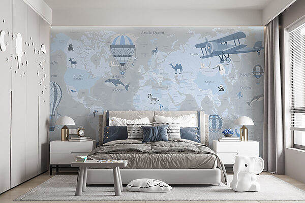 Mappa del mondo con diversi tipi di aeroplani e animali Mappa del mondo con diversi tipi di aeroplani e animali