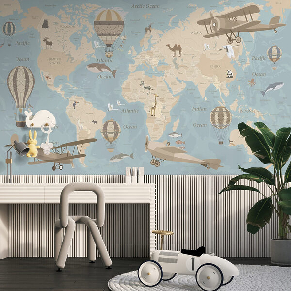 Mappa del mondo con aerei e mongolfiere Mappa del mondo con aerei e mongolfiere