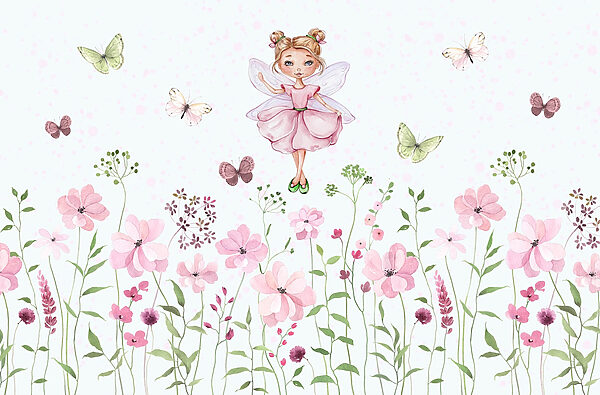 Acquerello di una fata in abito rosa circondata da fiori Acquerello di una fata in abito rosa circondata da fiori