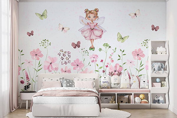 Acquerello di una fata in abito rosa circondata da fiori Acquerello di una fata in abito rosa circondata da fiori
