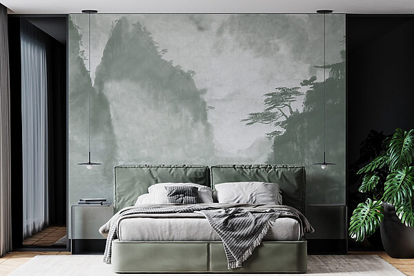 Painting of trees and mountains