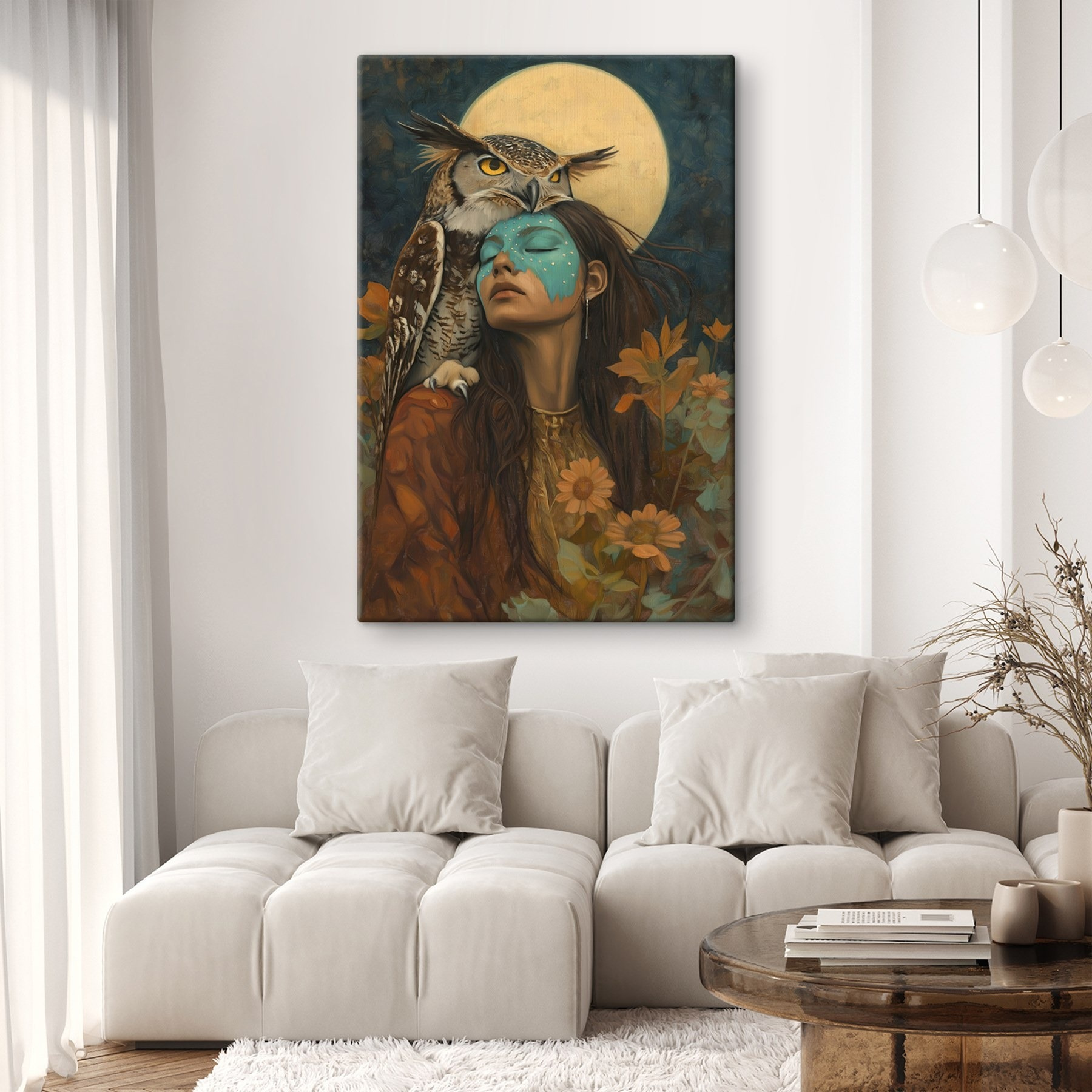 Painting of a woman with an owl on her head Painting of a woman with an owl on her head