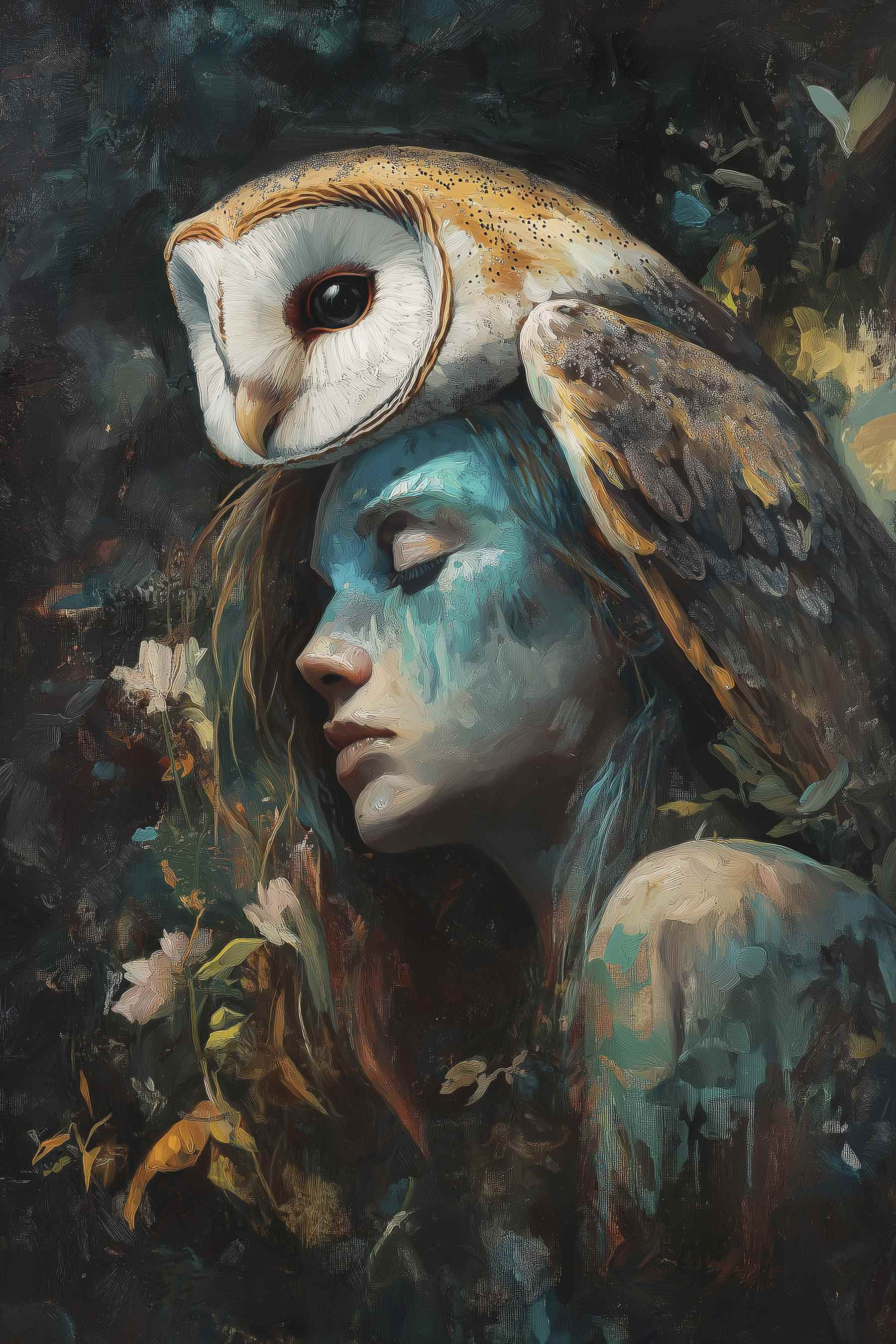 Painting of a woman with an owl on her head