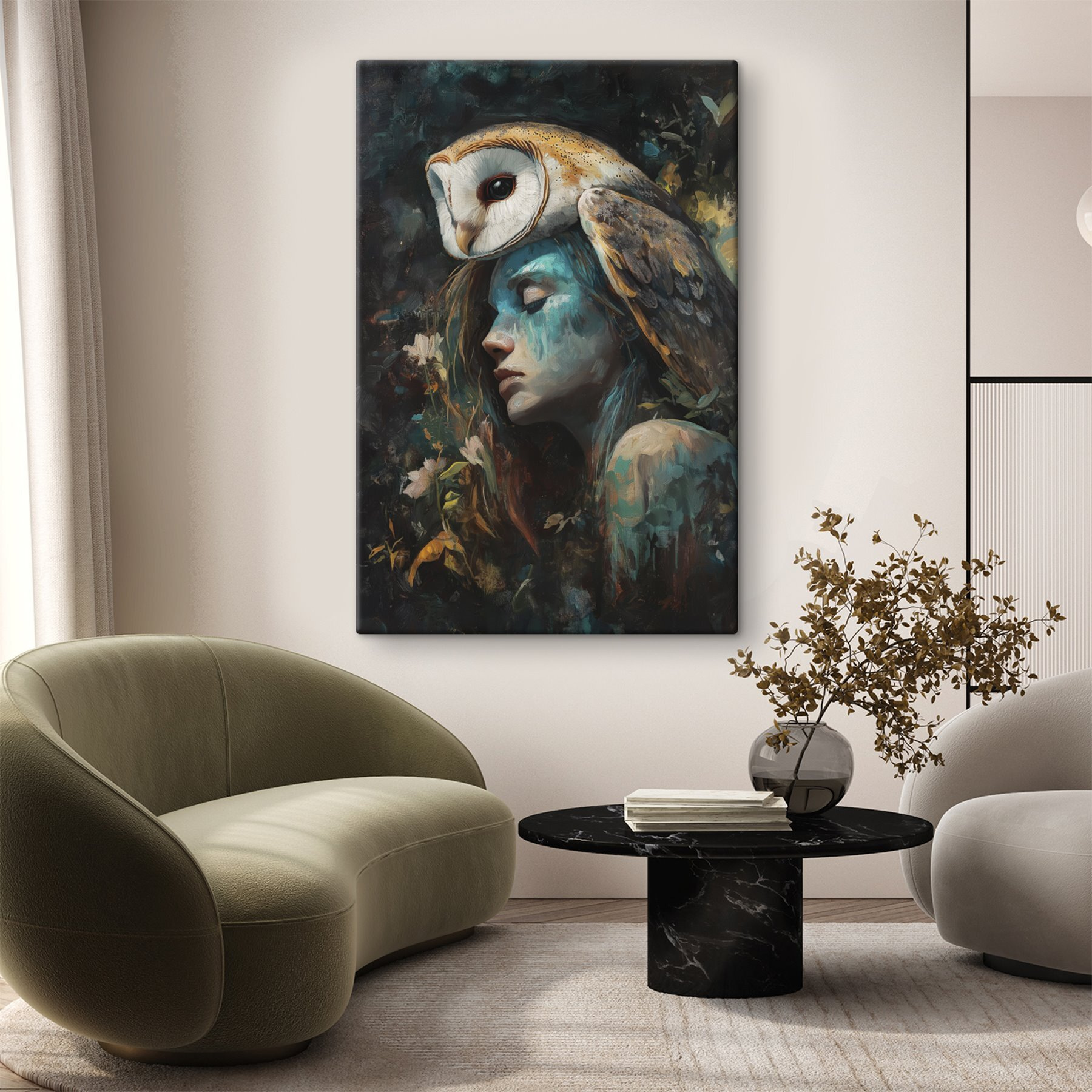 Painting of a woman with an owl on her head