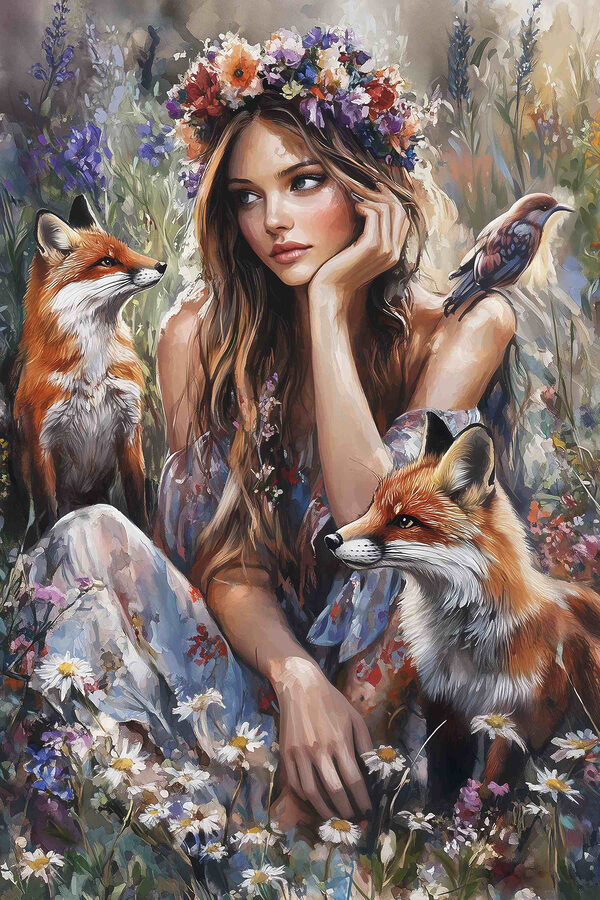 Woman sitting in a field with foxes