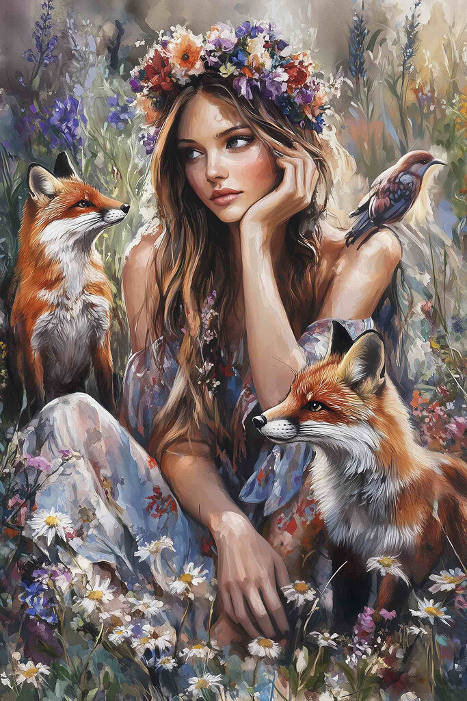 Woman sitting in a field with foxes