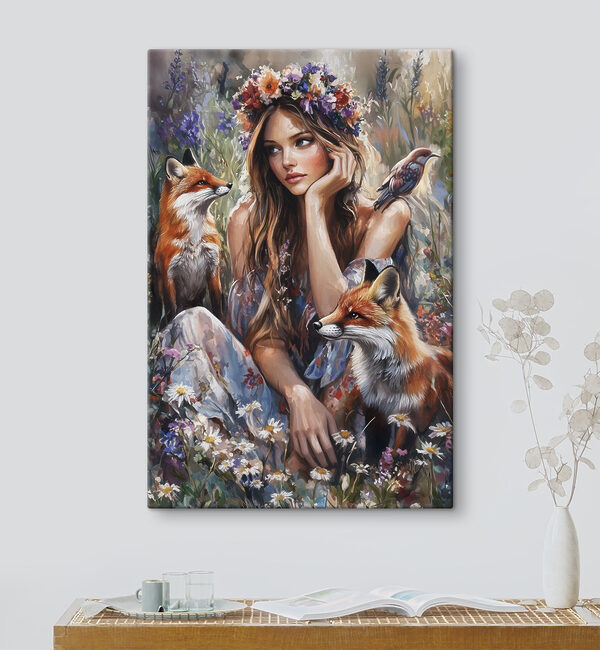 Woman sitting in a field with foxes