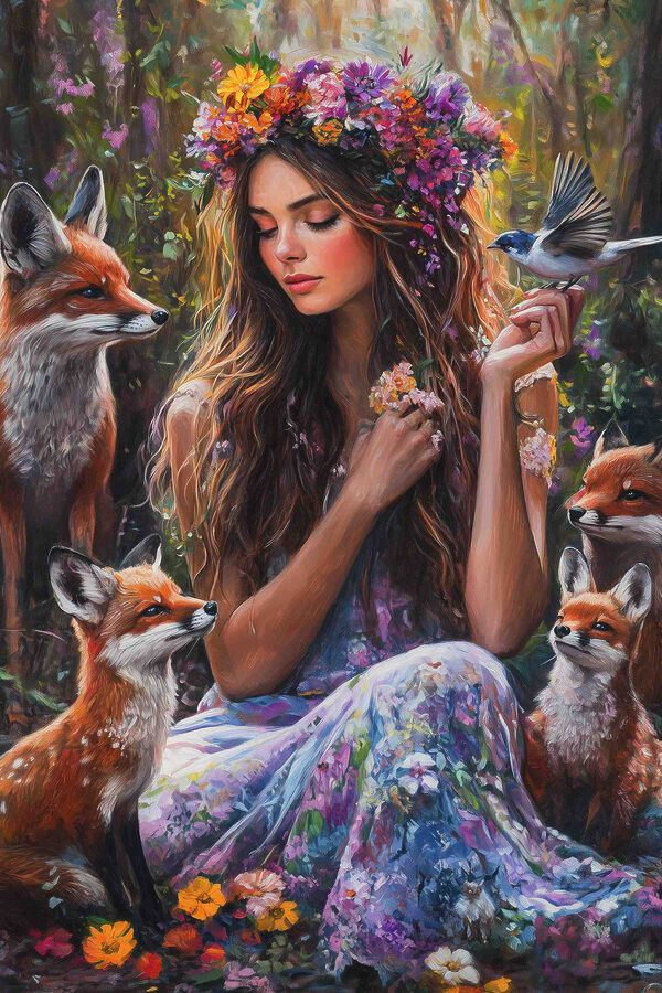 Painting of a woman holding flowers and birds Painting of a woman holding flowers and birds