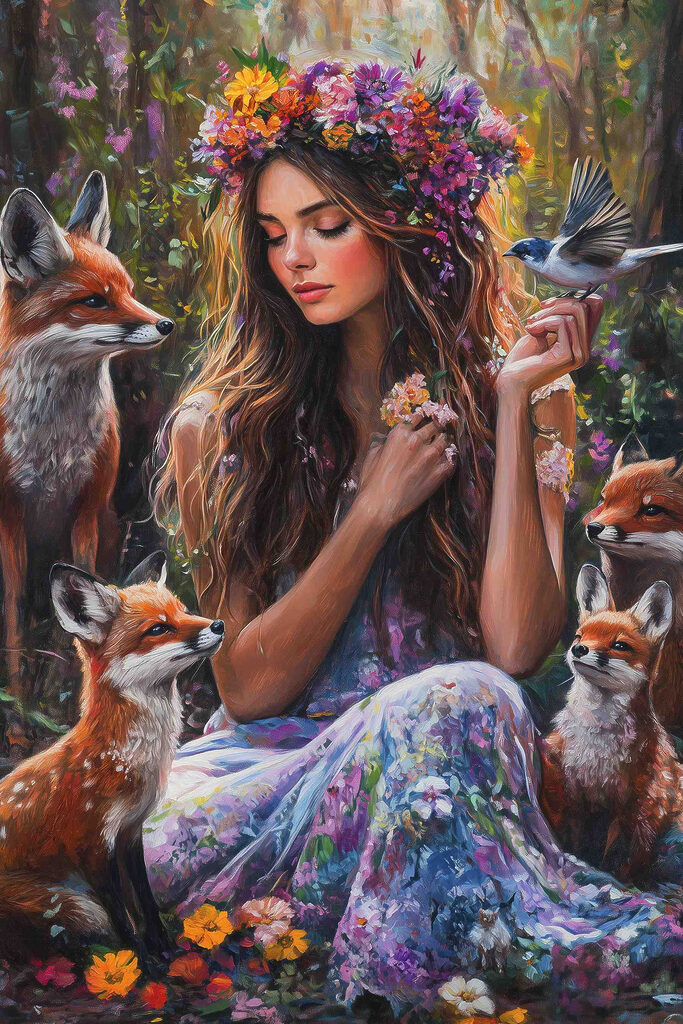 Painting of a woman holding flowers and birds Painting of a woman holding flowers and birds