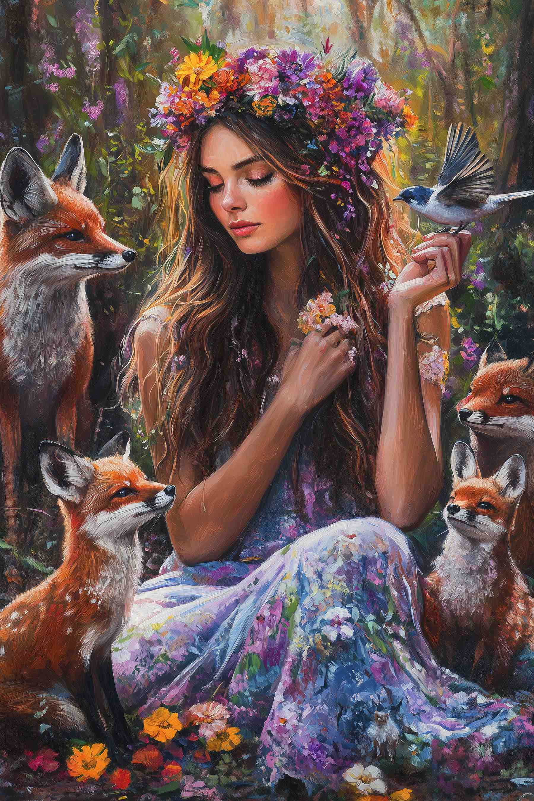 Painting of a woman holding flowers and birds Painting of a woman holding flowers and birds