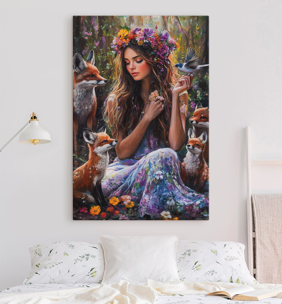 Painting of a woman holding flowers and birds Painting of a woman holding flowers and birds