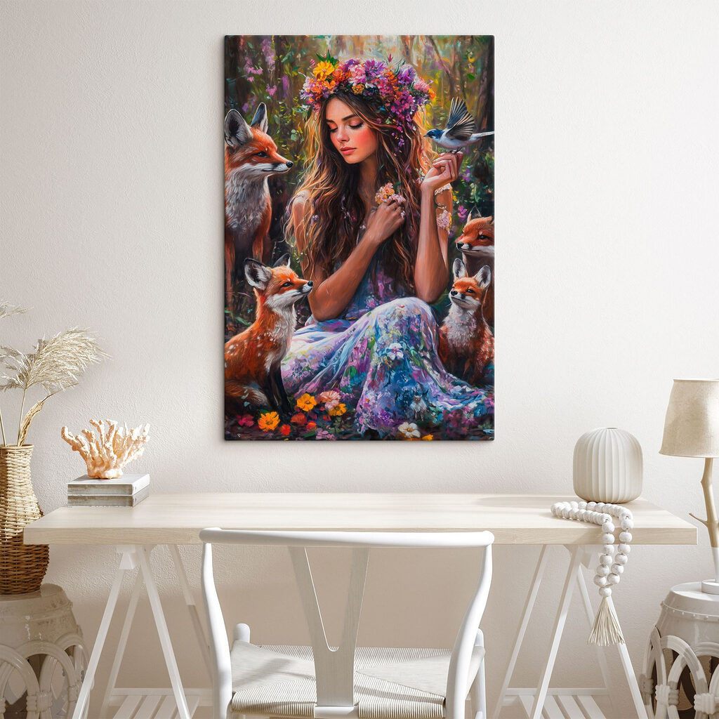 Painting of a woman holding flowers and birds Painting of a woman holding flowers and birds