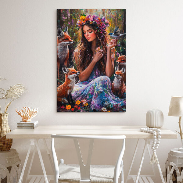 Painting of a woman holding flowers and birds Painting of a woman holding flowers and birds