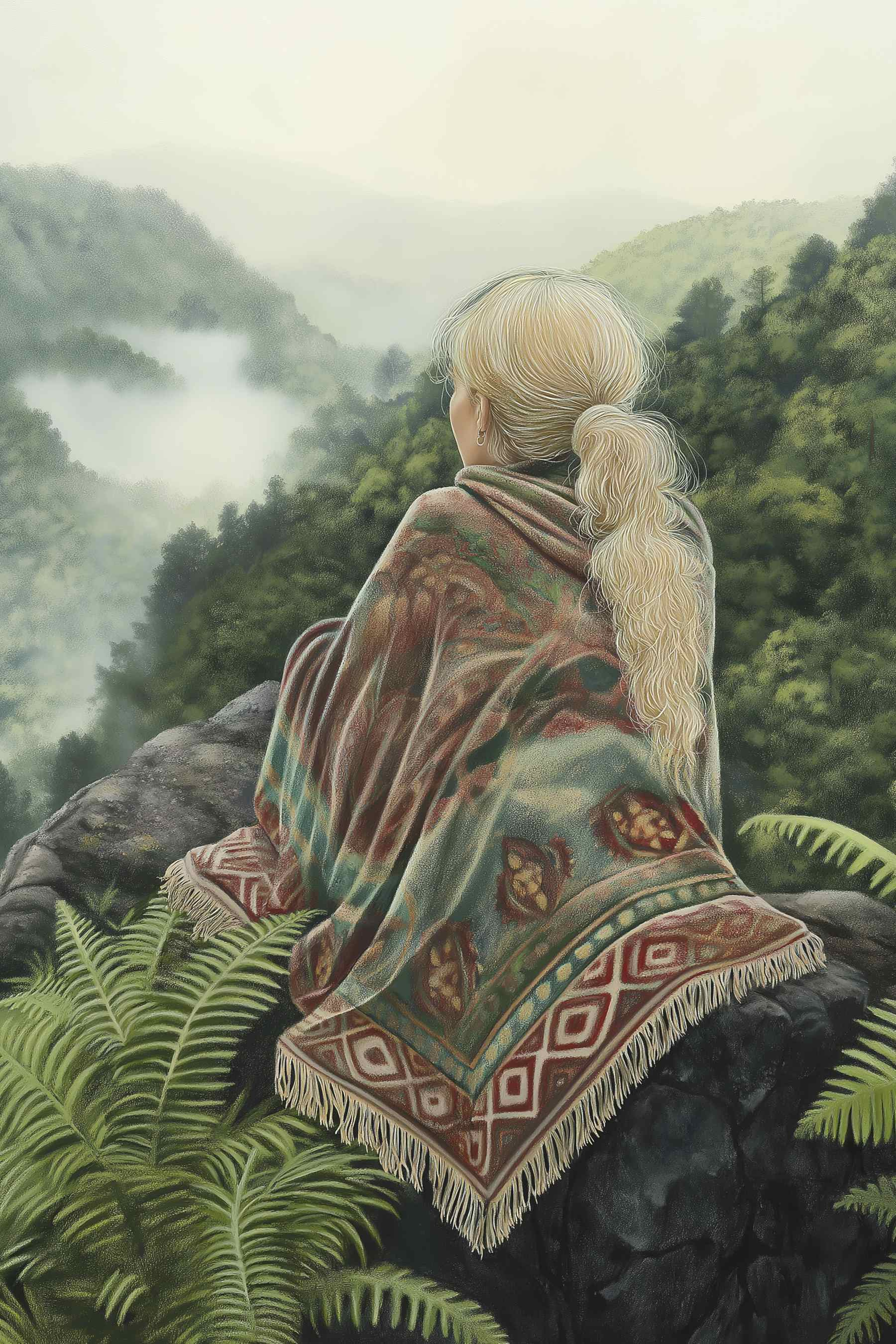 Woman sitting on a rock looking at a foggy valley Woman sitting on a rock looking at a foggy valley