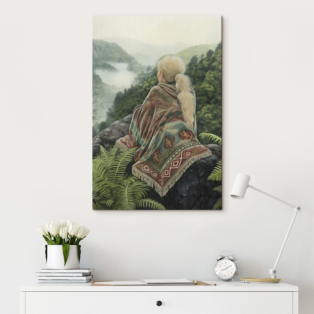 Woman sitting on a rock looking at a foggy valley Woman sitting on a rock looking at a foggy valley