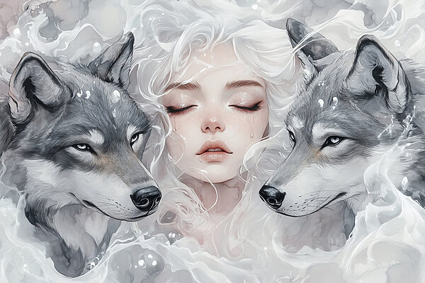 Woman with white hair and two wolves Woman with white hair and two wolves