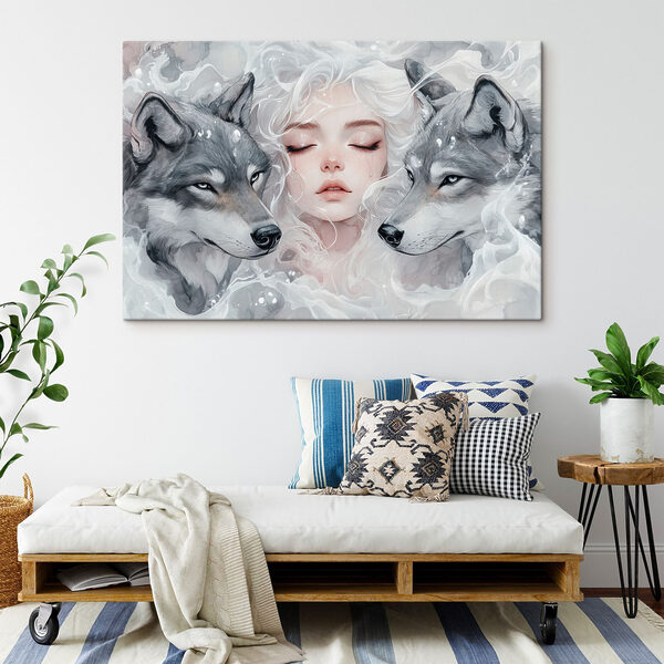Woman with white hair and two wolves Woman with white hair and two wolves