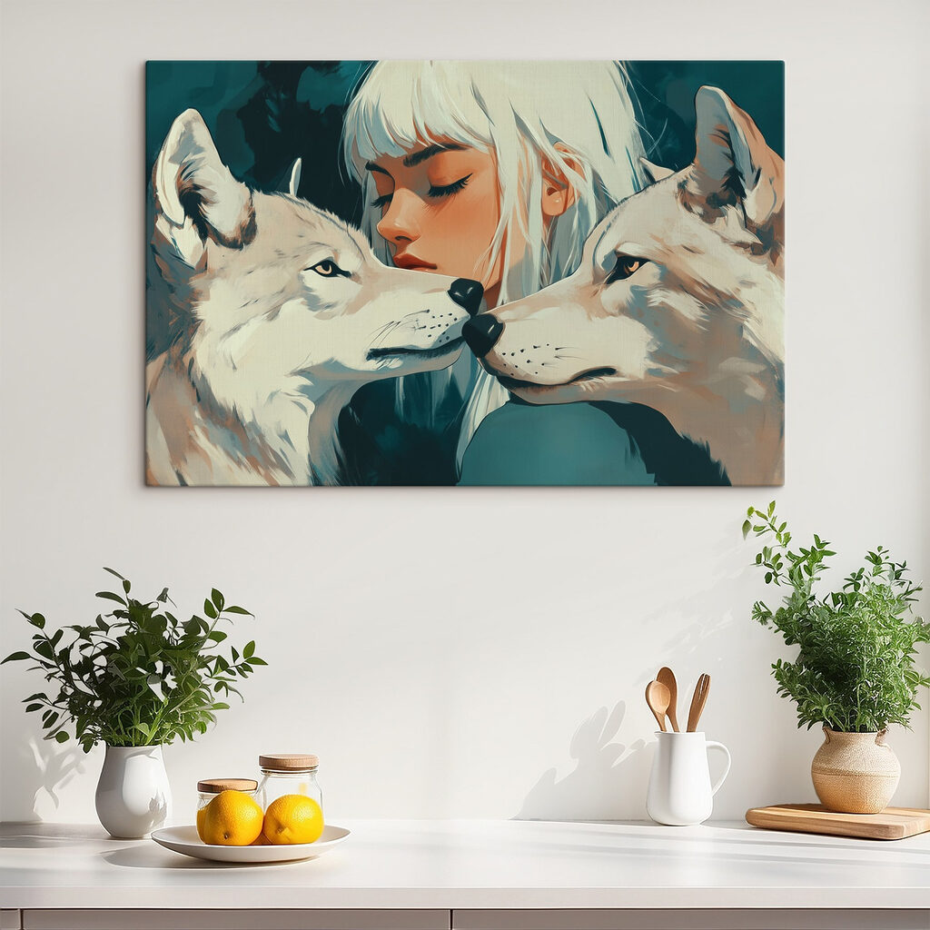 Woman with white hair and two wolves