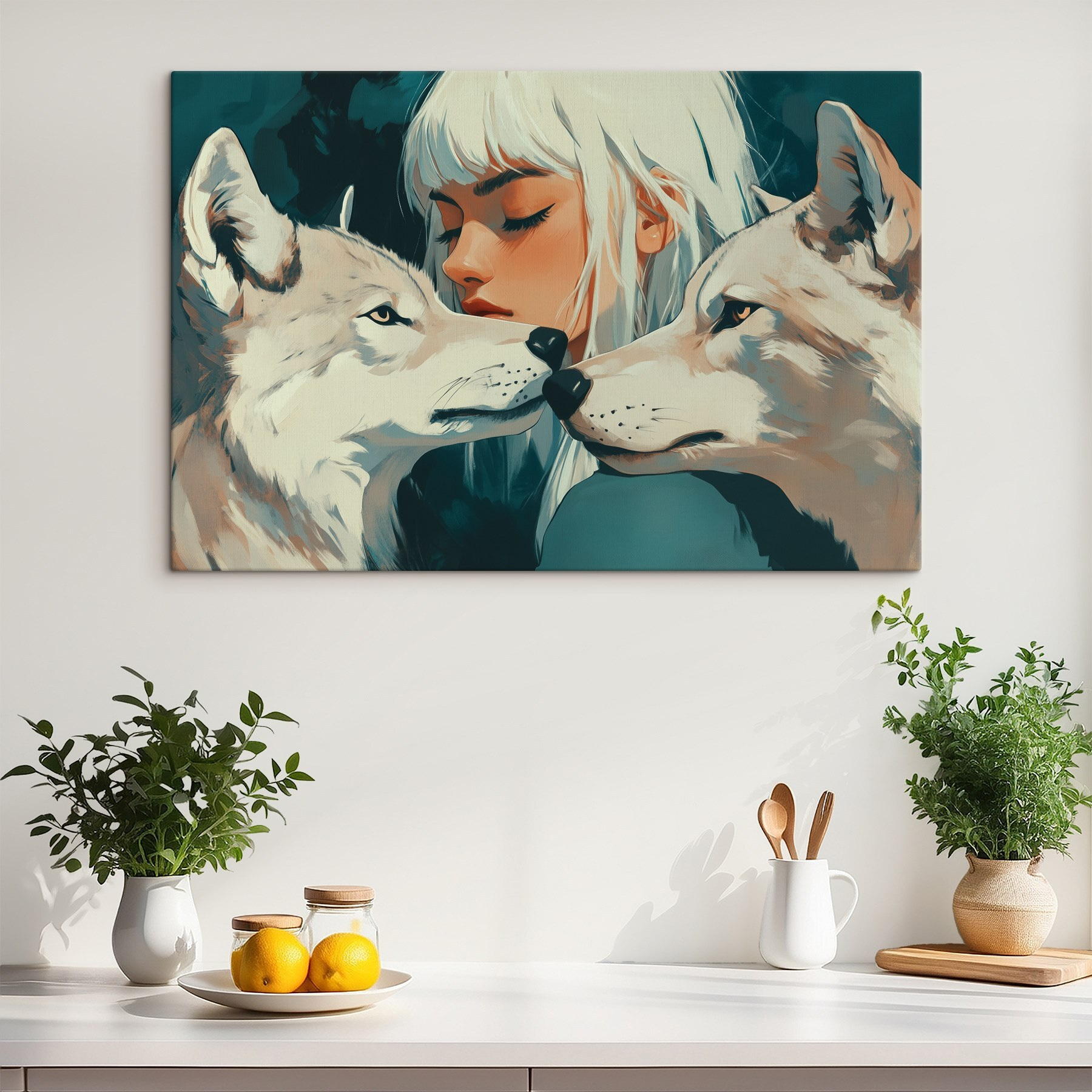 Woman with white hair and two wolves