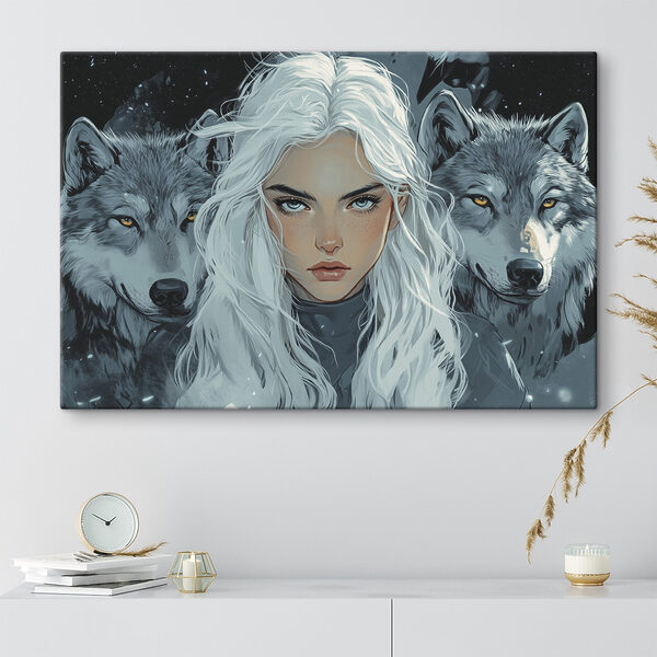 Woman with white hair and a wolf behind her