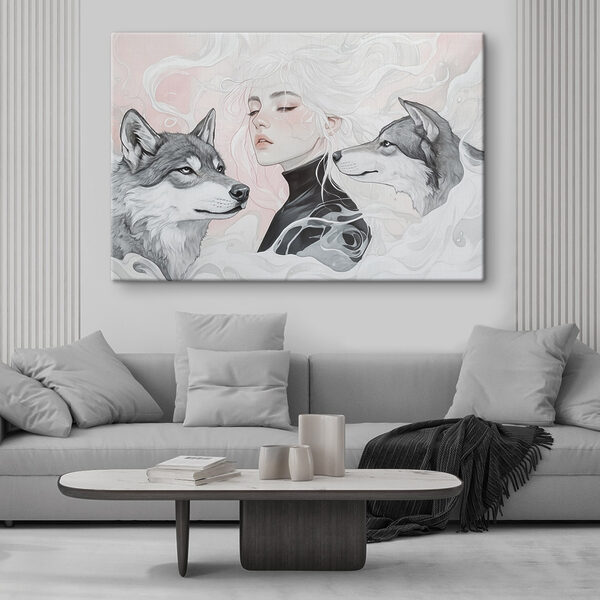 Woman with white hair and two wolves Woman with white hair and two wolves