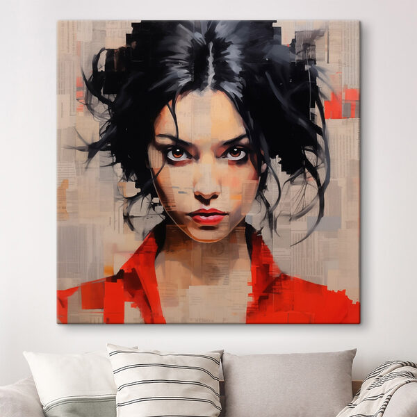 Quadri Quadri Donna con i capelli neri e una maglietta rossa (COD: s41481)