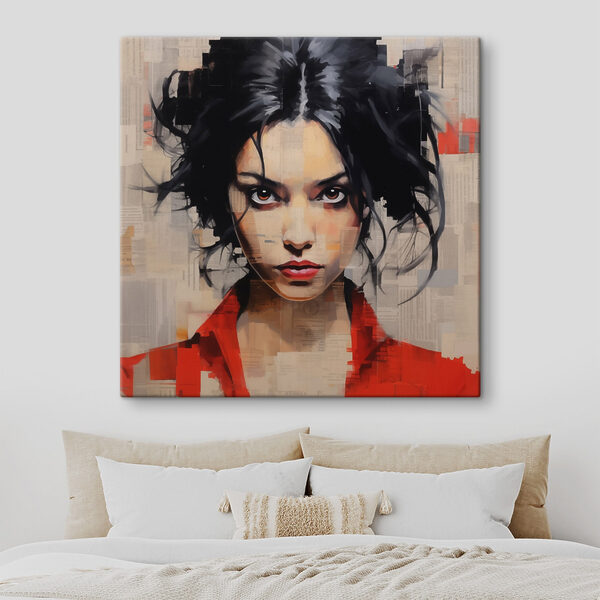 Woman with black hair and red shirt Woman with black hair and red shirt