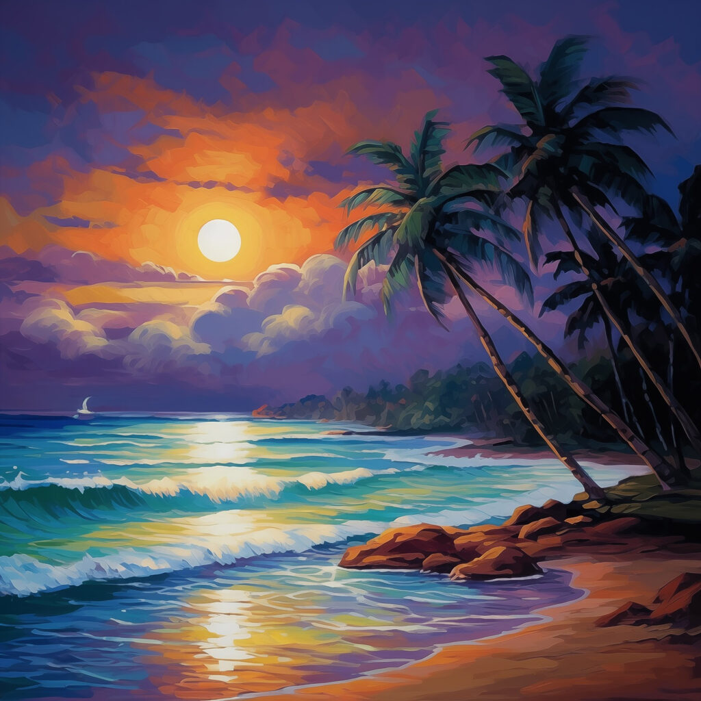 Painting of a beach with palm trees and waves Painting of a beach with palm trees and waves