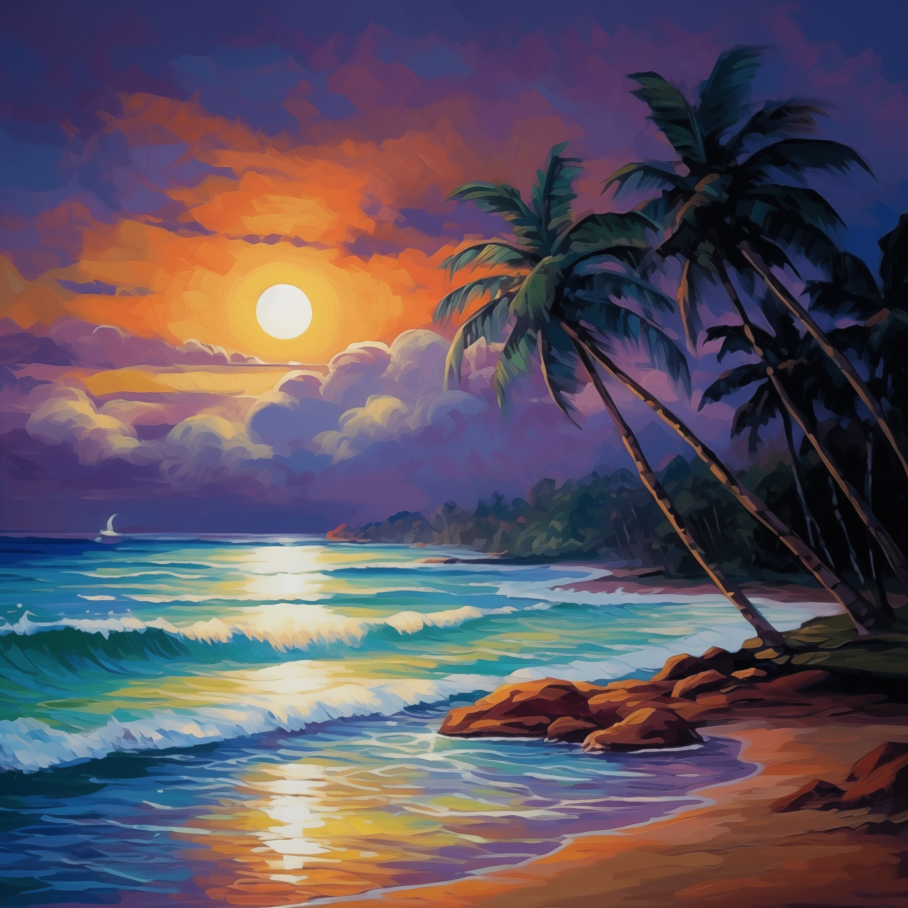 Painting of a beach with palm trees and waves Painting of a beach with palm trees and waves