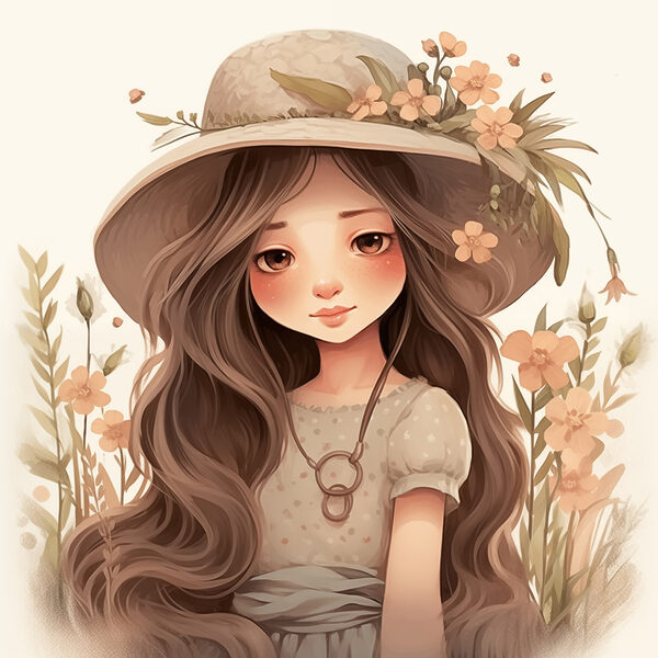 Cartoon girl with long hair wearing a hat and flowers Cartoon girl with long hair wearing a hat and flowers