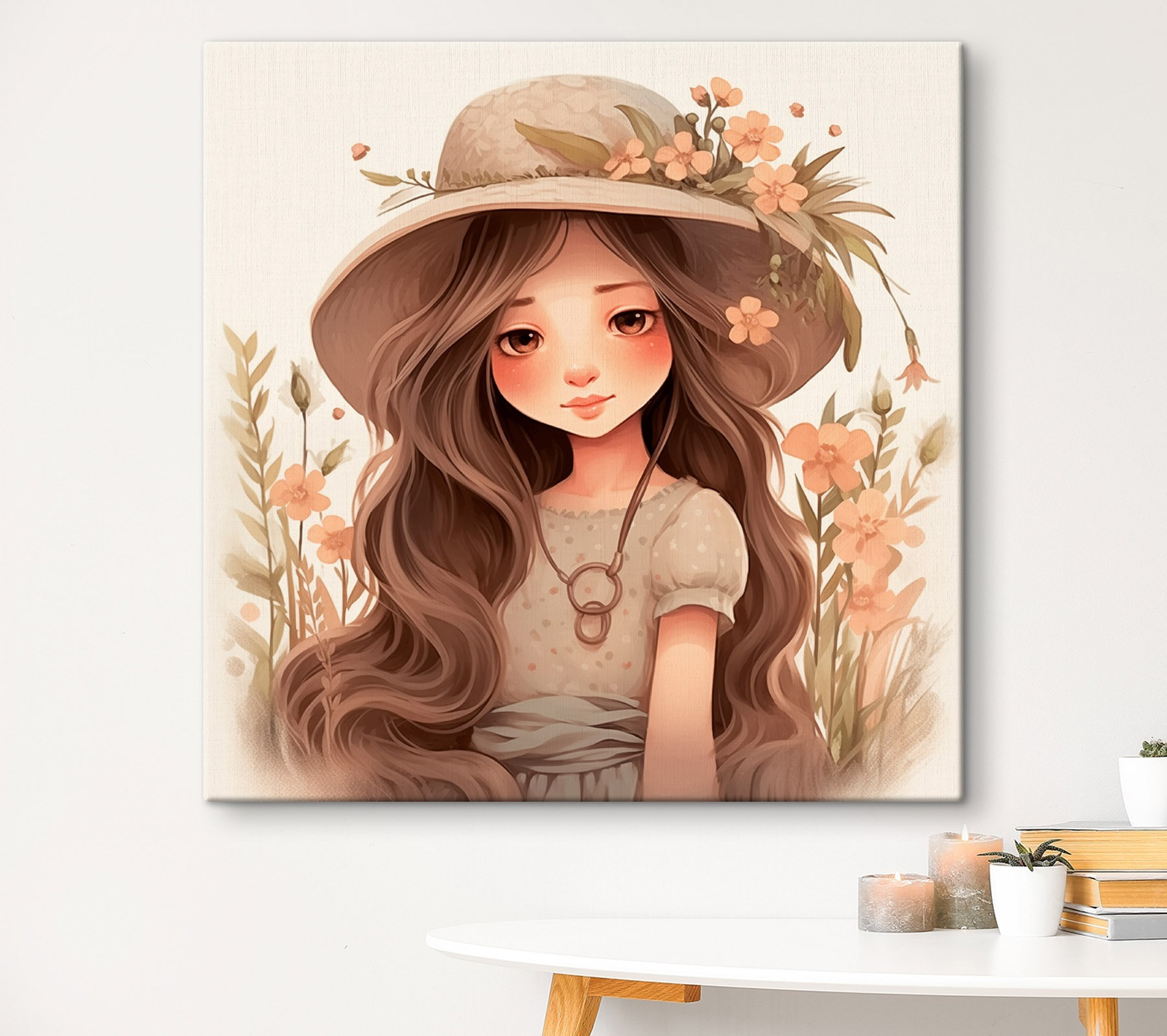 Cartoon girl with long hair wearing a hat and flowers Cartoon girl with long hair wearing a hat and flowers