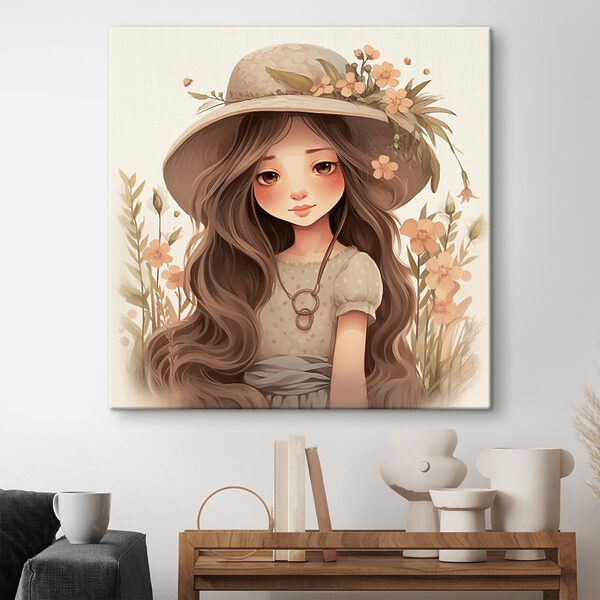 Cartoon girl with long hair wearing a hat and flowers Cartoon girl with long hair wearing a hat and flowers