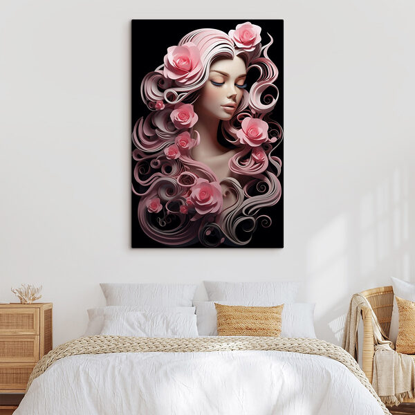 Woman with pink flowers and long hair