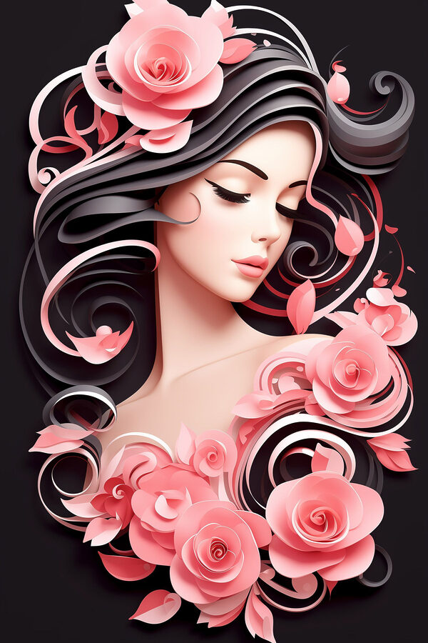 Woman with long hair and pink flowers