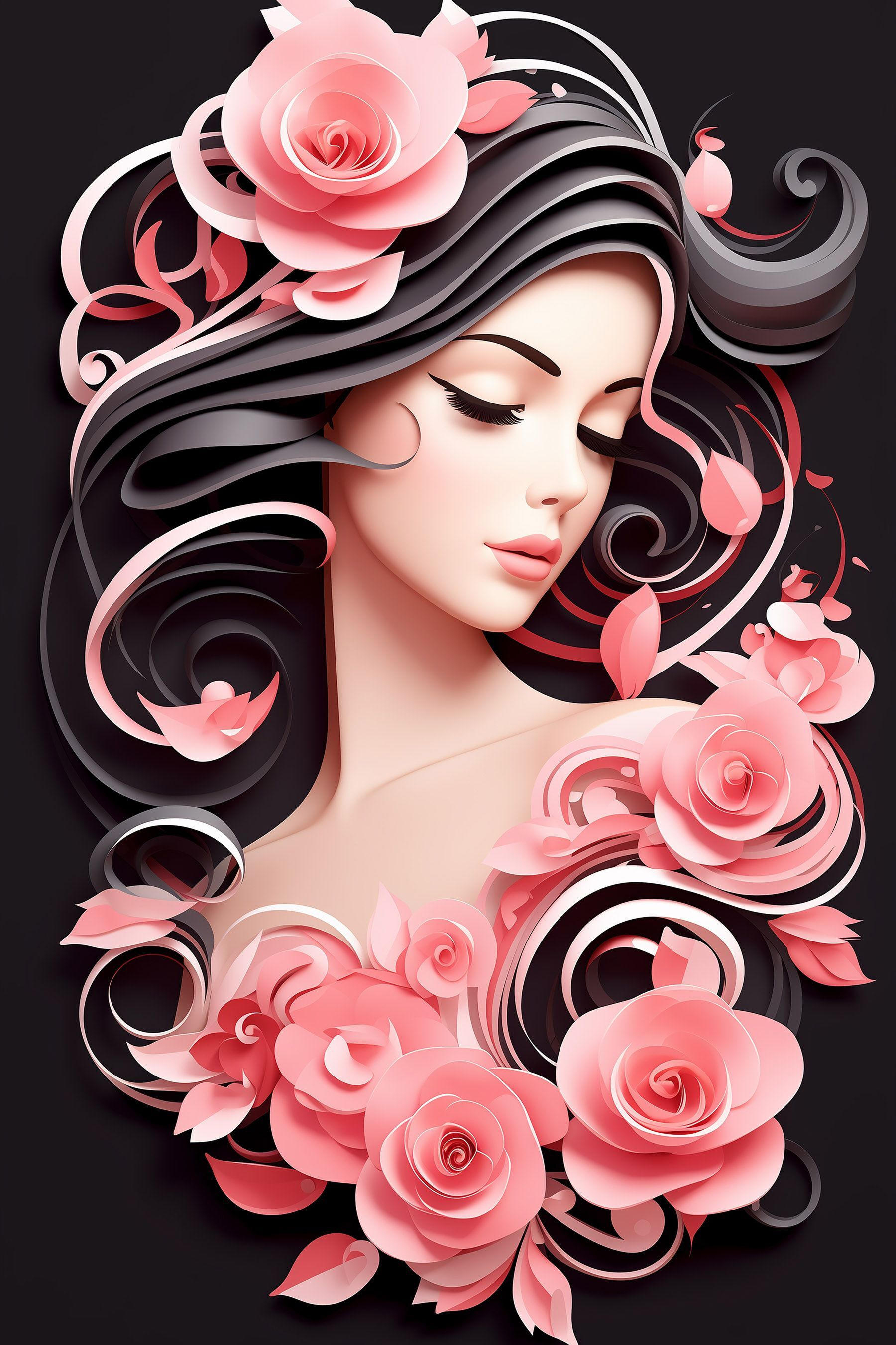 Woman with long hair and pink flowers