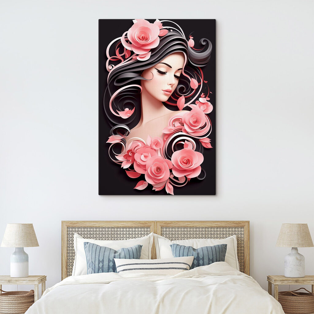 Woman with long hair and pink flowers