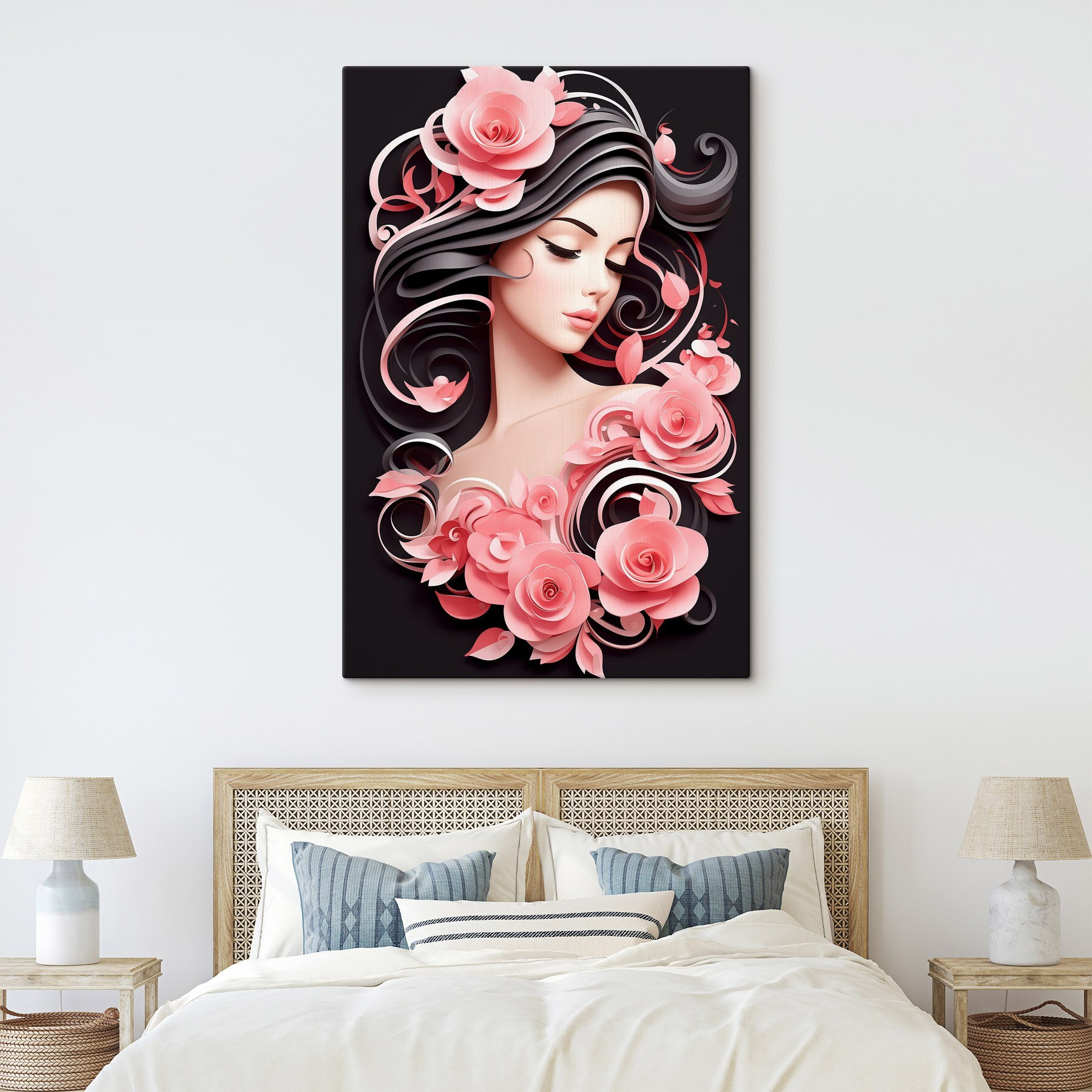 Woman with long hair and pink flowers
