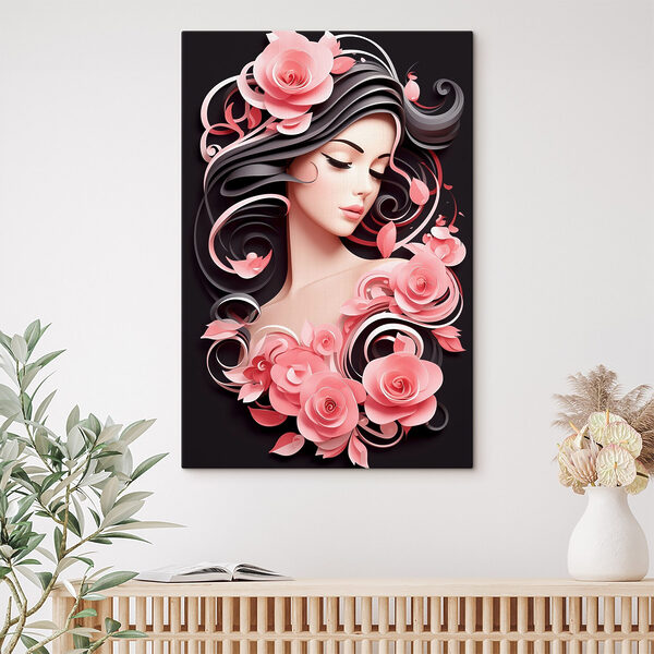 Woman with long hair and pink flowers