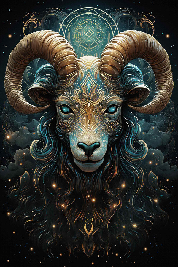 Painting of a ram with a pattern on it