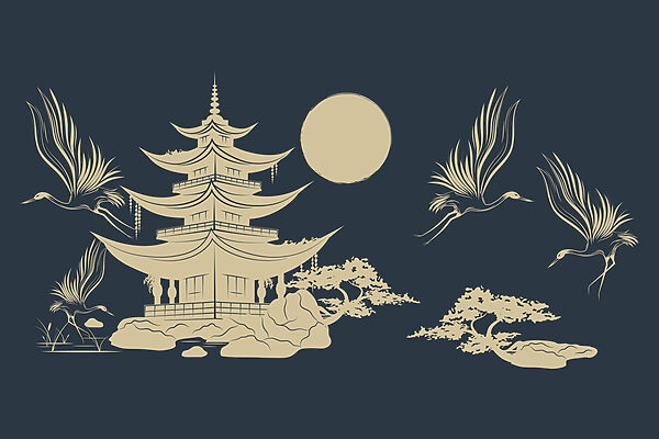 Disegno di una pagoda e di gru Disegno di una pagoda e di gru