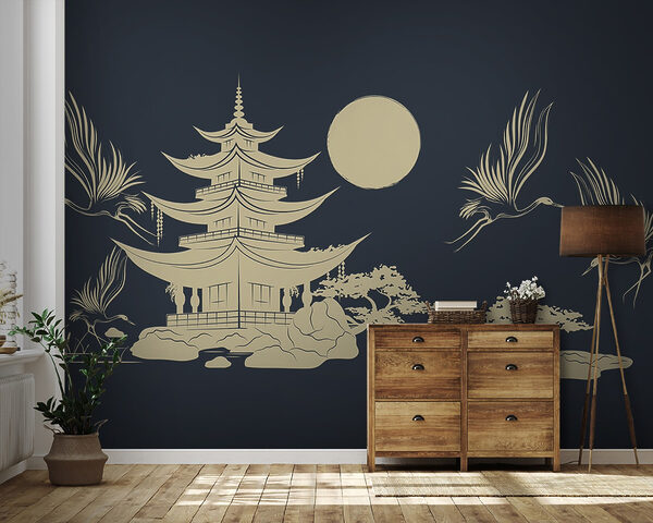 Disegno di una pagoda e di gru Disegno di una pagoda e di gru