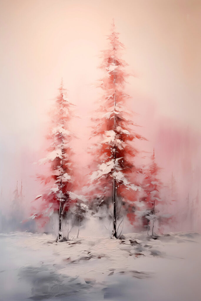 Painting of trees covered in snow